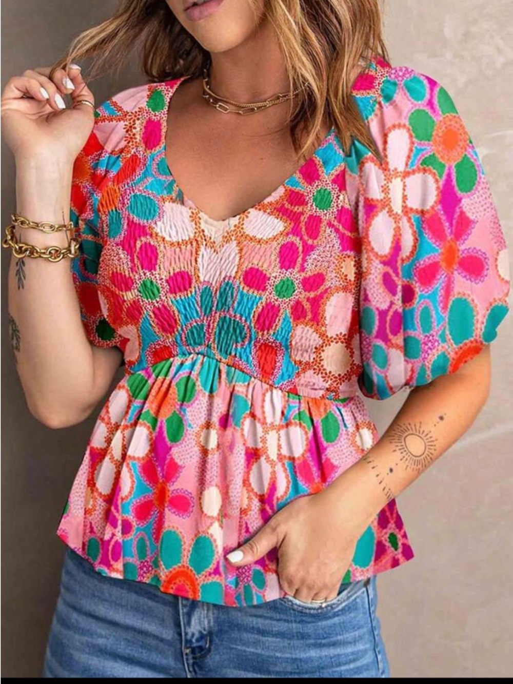 SHEIN Pink Multi Floral Smocked Peplum Top